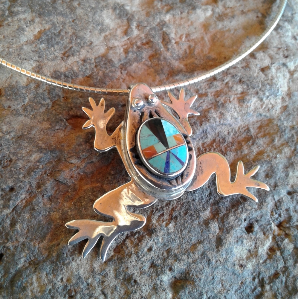 Sterling Silver Multi Gemstone Inlay  FROG NECKLACE